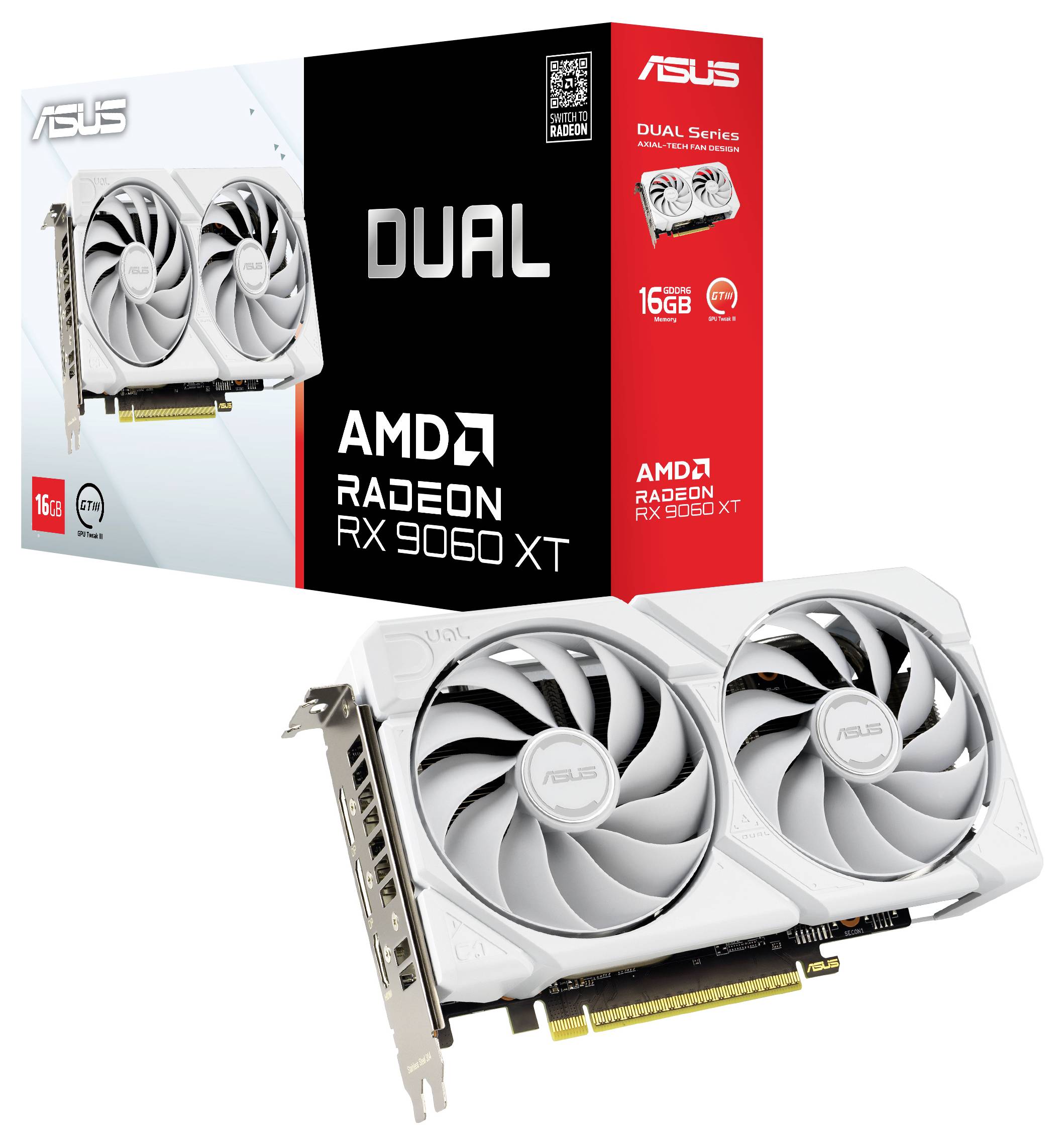Bílá grafická karta ASUS DUAL AMD Radeon RX 6060 XT s duálními ventilátory je zobrazena mimo své značkové balení.