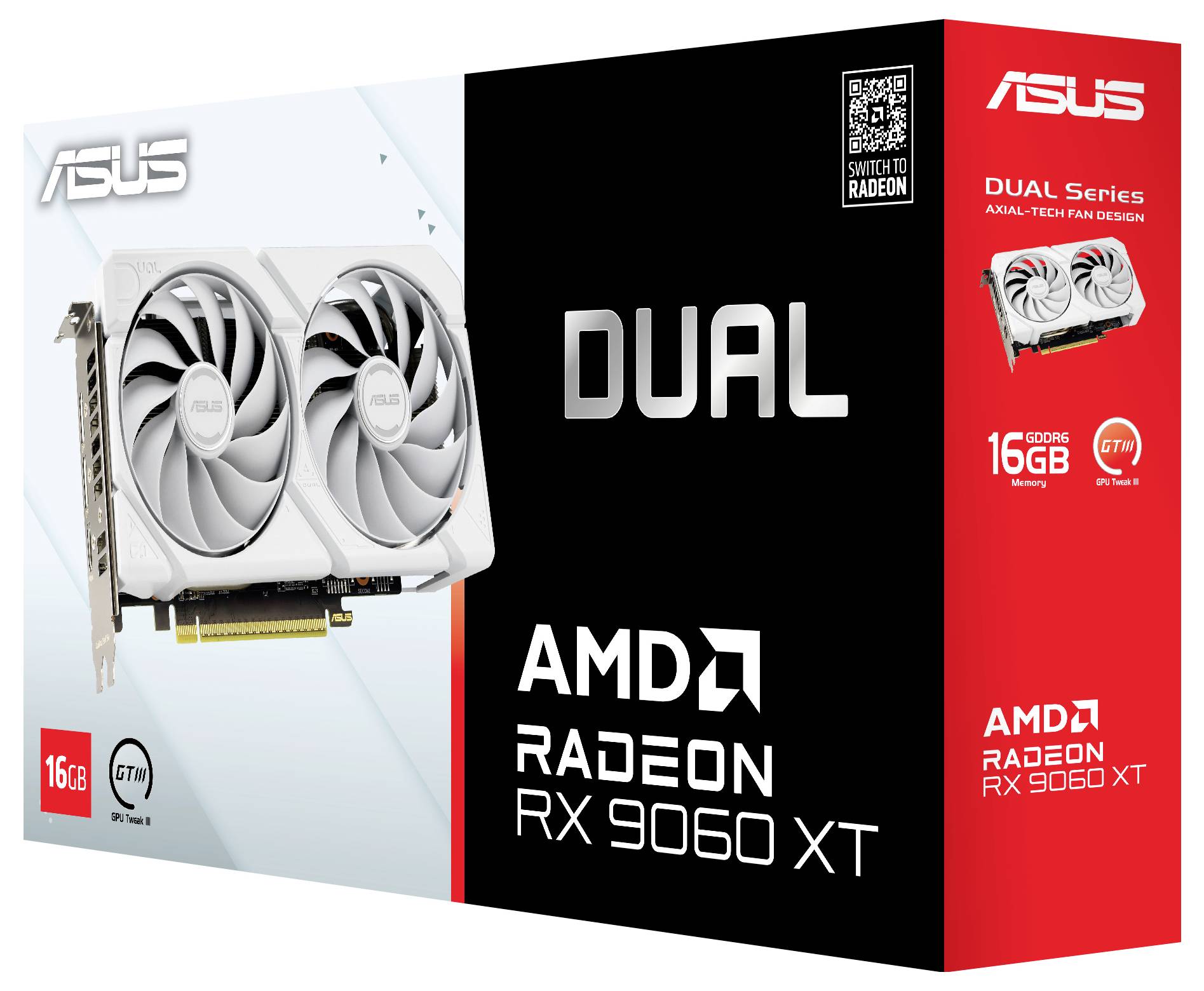 Krabice grafické karty ASUS Dual Series AMD Radeon RX 9060 XT prezentuje kartu s duálními ventilátory, pamětí 16 GB a axiálním designem ventilátorů.