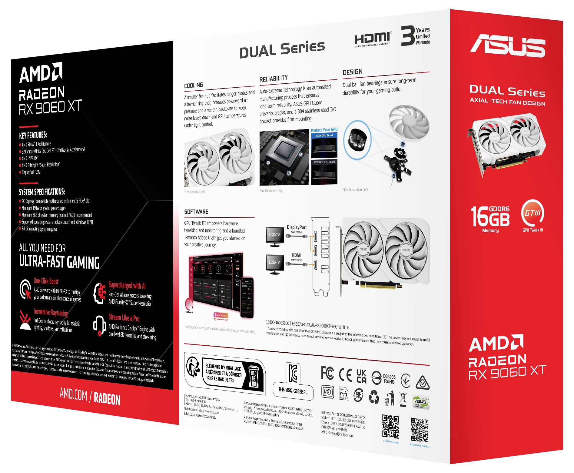 Krabice grafické karty ASUS DUAL série AMD Radeon RX 9600 XT, zvýrazňující vlastnosti jako 16GB GDDR7 paměť, chladicí technologie a informace o softwaru.
