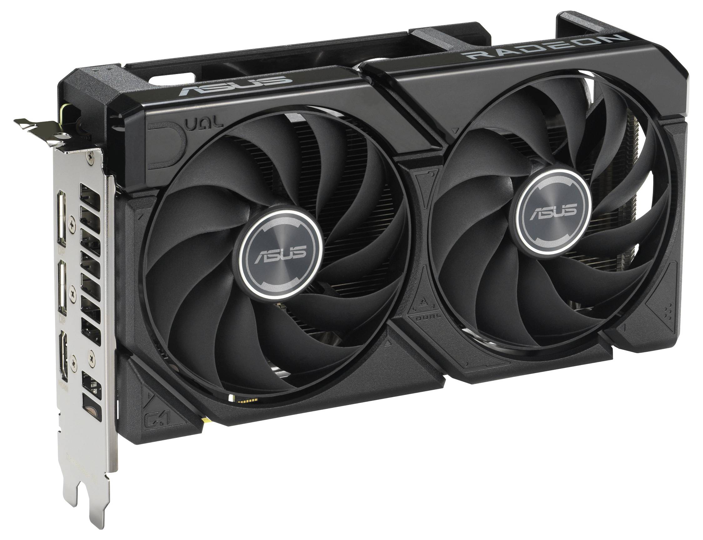 Černá grafická karta Asus Radeon s duálními ventilátory, několika konektorovými porty a elegantním designem.