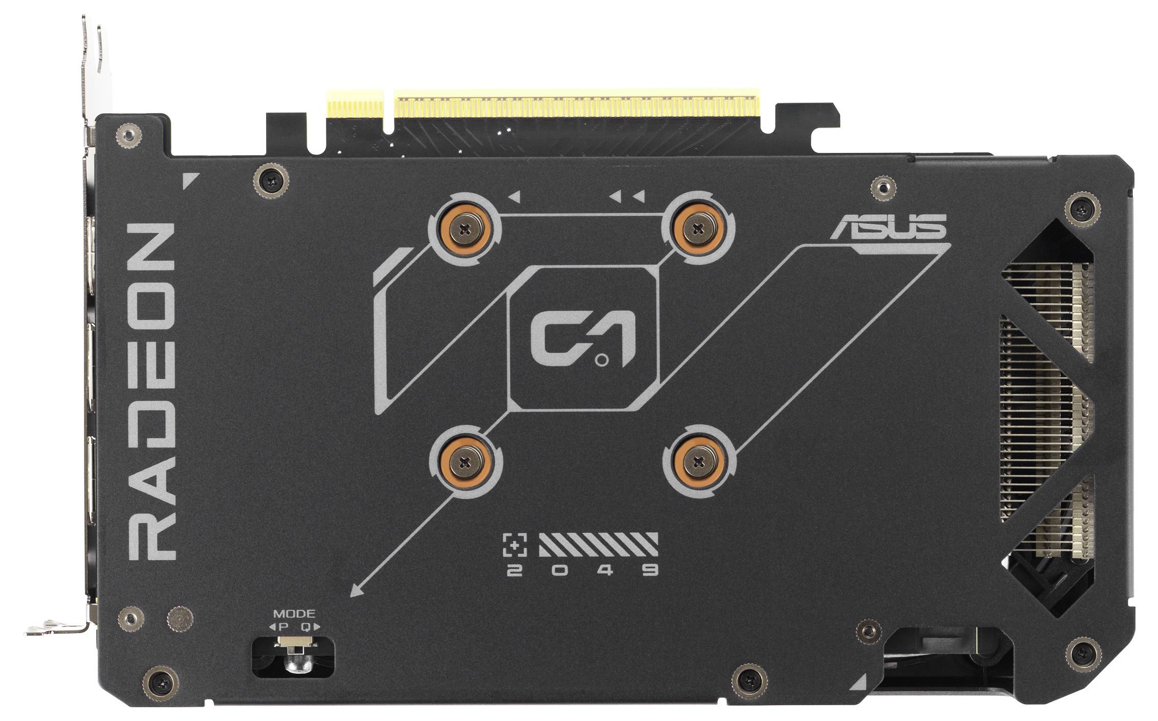 Pohled zezadu na grafickou kartu Asus Radeon, která má černou kovovou desku s oranžovými akcenty, viditelné šrouby a značení 'RADEON' a 'ASUS'.