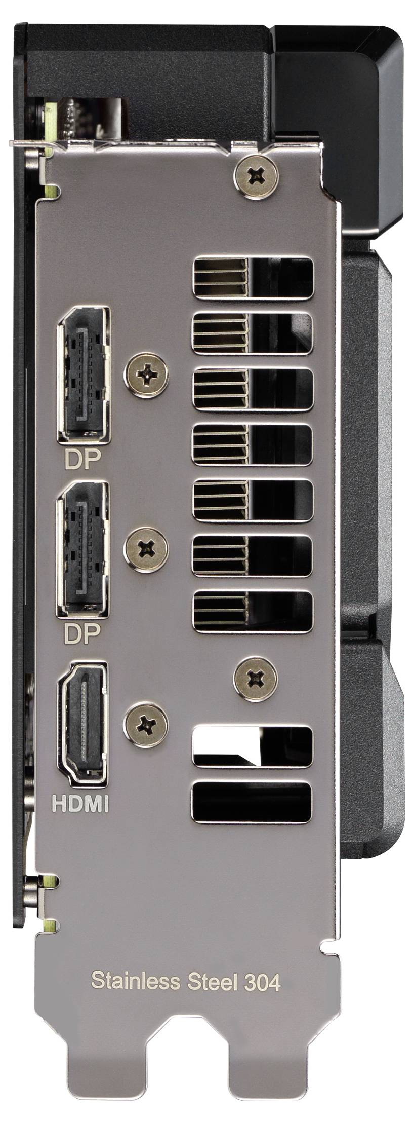 Zadní strana grafické karty zobrazující tři videoporty: dva DisplayPorty (DP) a jeden HDMI; označeno nerezovou ocelí 304.