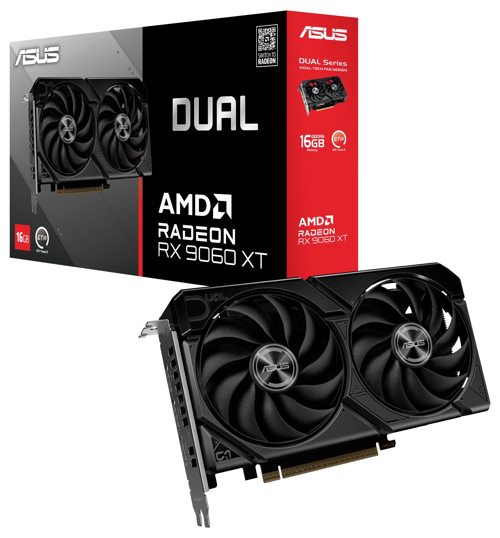 Grafická karta ASUS Dual série AMD Radeon RX 6060 XT s duálními ventilátory, 16GB paměti. Obrázek zobrazuje kartu a její obal.