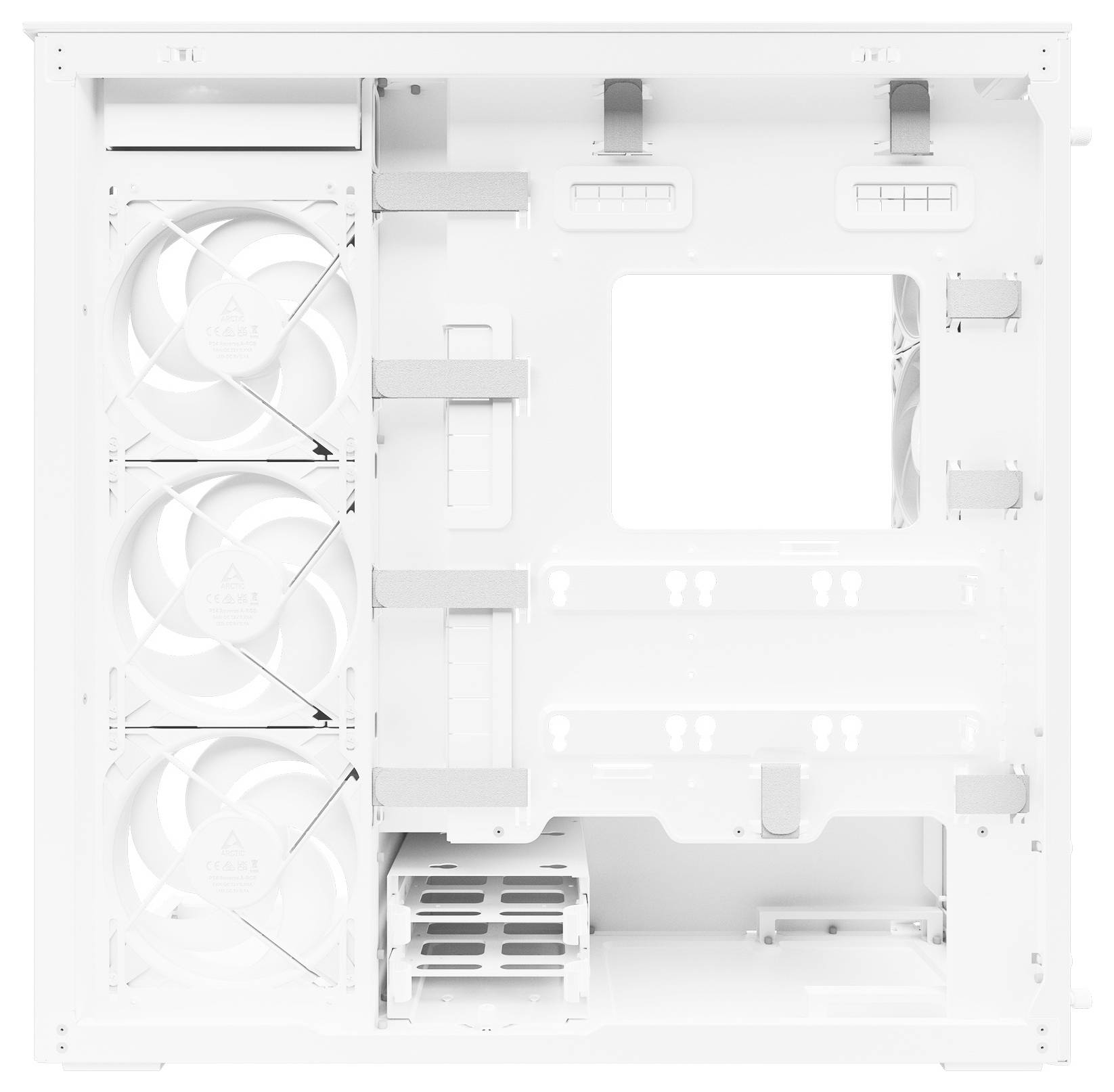 Bílý vnitřní prostor počítačové skříně zobrazující několik montážních míst pro ventilátory, funkce pro správu kabeláže, pozice pro diskové jednotky a rozšiřovací sloty.