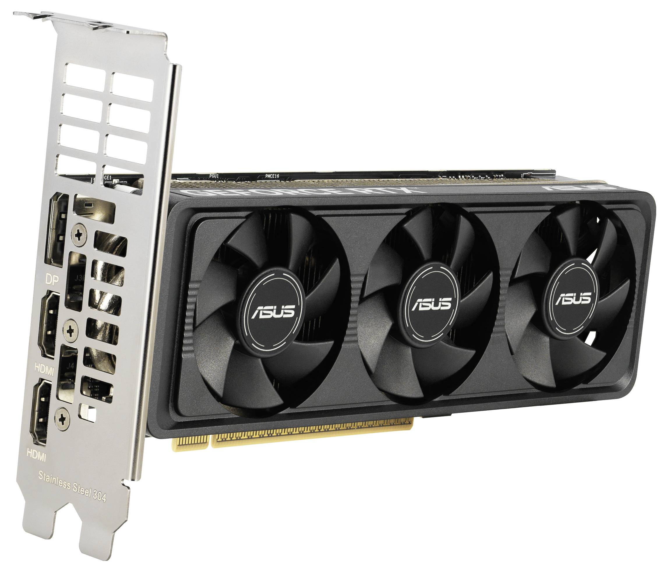 Grafická karta se třemi chladicími ventilátory, zobrazující několik výstupních portů, včetně HDMI a DisplayPort, navržená společností Asus.