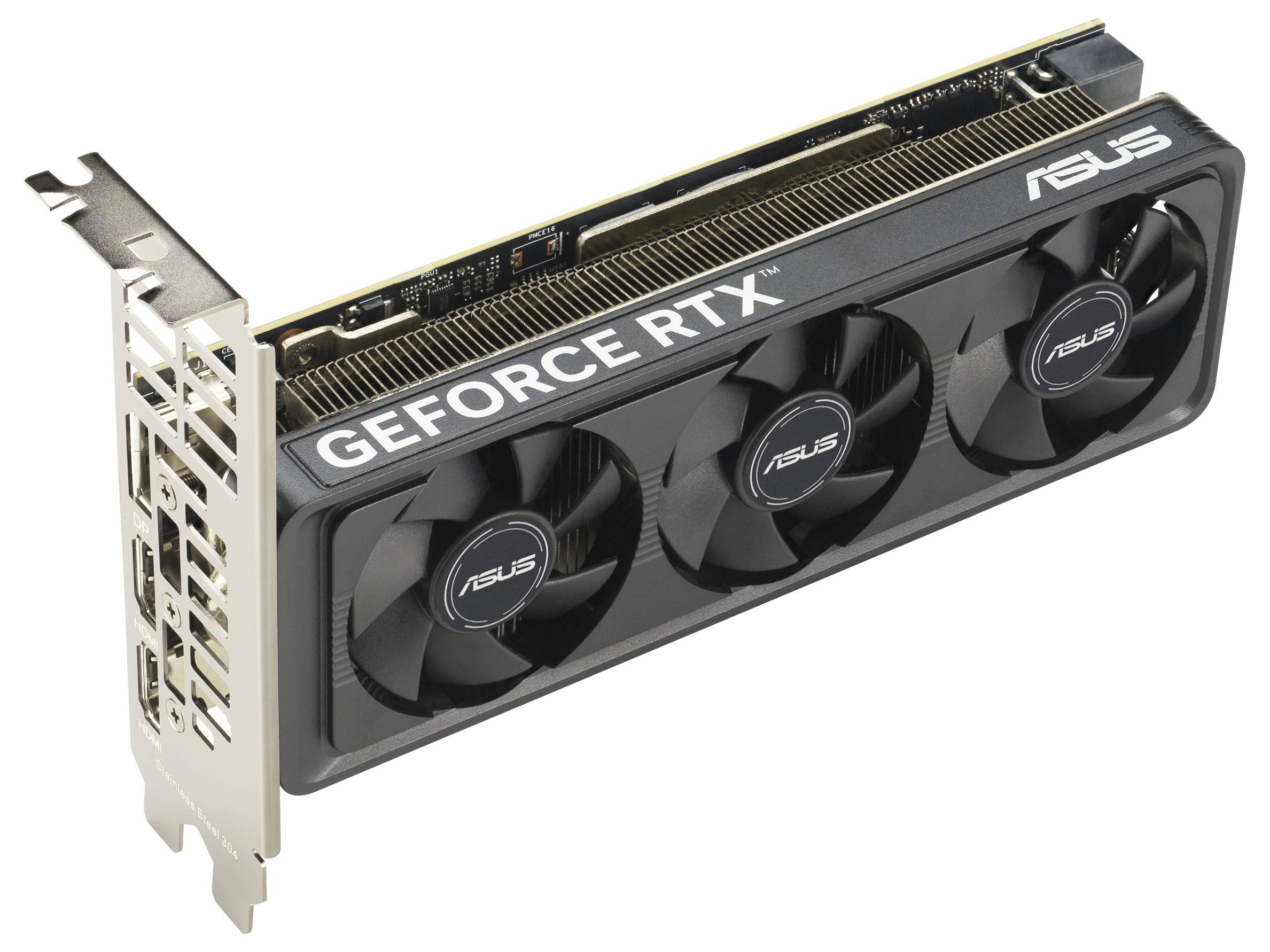 Grafická karta počítače s označením 'GEFORCE RTX' a branding společnosti 'ASUS', vybavená třemi chladicími ventilátory a několika výstupními porty.