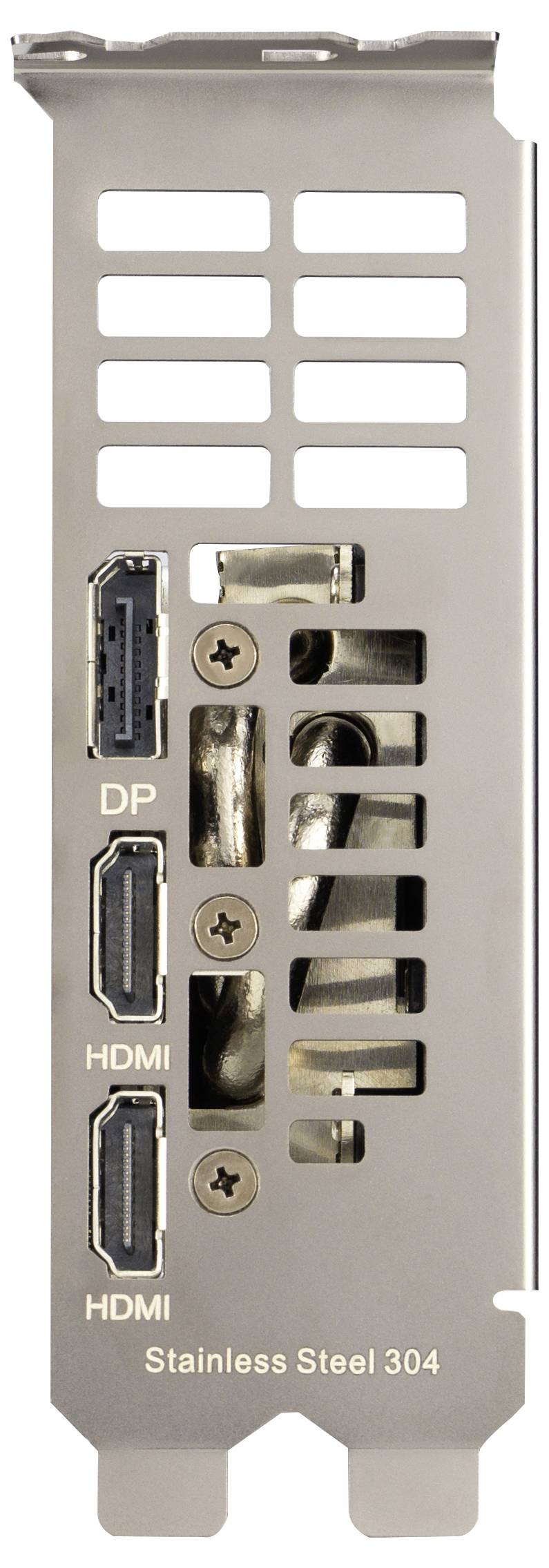Kovový počítačový grafický adaptér se zadní deskou se třemi porty označenými 'DP' a 'HDMI' a nápisem 'Nerezová ocel 304' v dolní části.