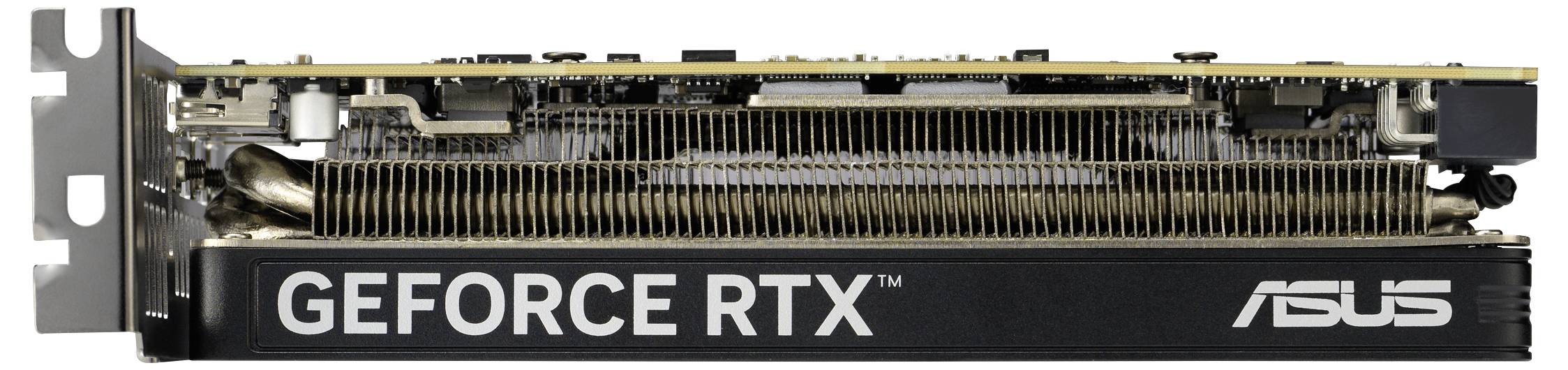 Grafická karta s označením 'GEFORCE RTX' a 'ASUS', zobrazující chladiče a připojovací porty, pohled z boku.