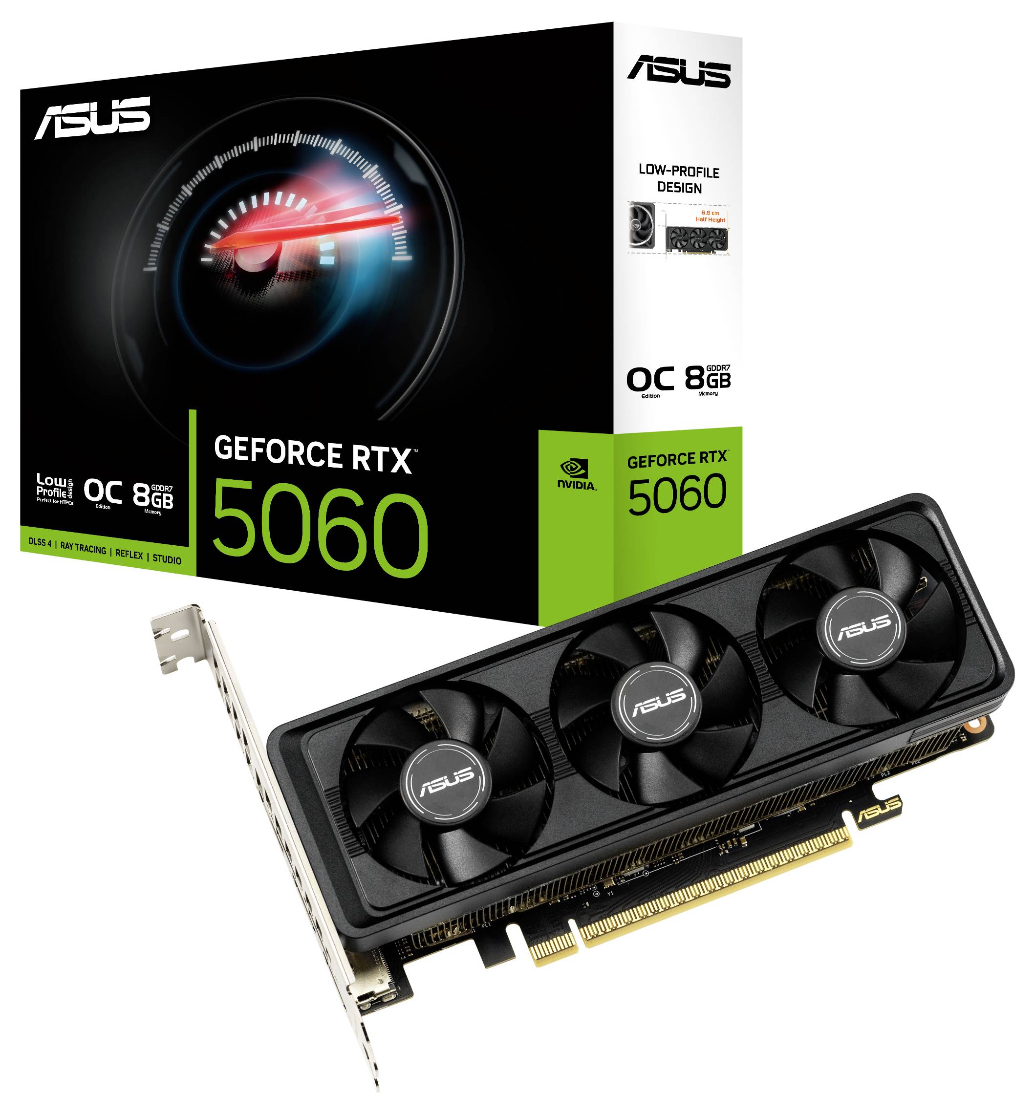 Grafická karta se třemi chladicími ventilátory, umístěná vedle svého originálního obalu. Na krabici je nápis „ASUS GeForce RTX 5060 OC 8GB".