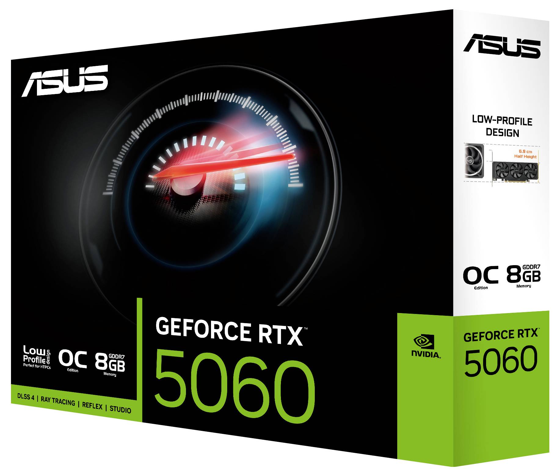 Krabice grafické karty ASUS GeForce RTX 5060 s nízkou profilovou konstrukcí, 8GB GDDR7 paměti a brandingem NVIDIA.