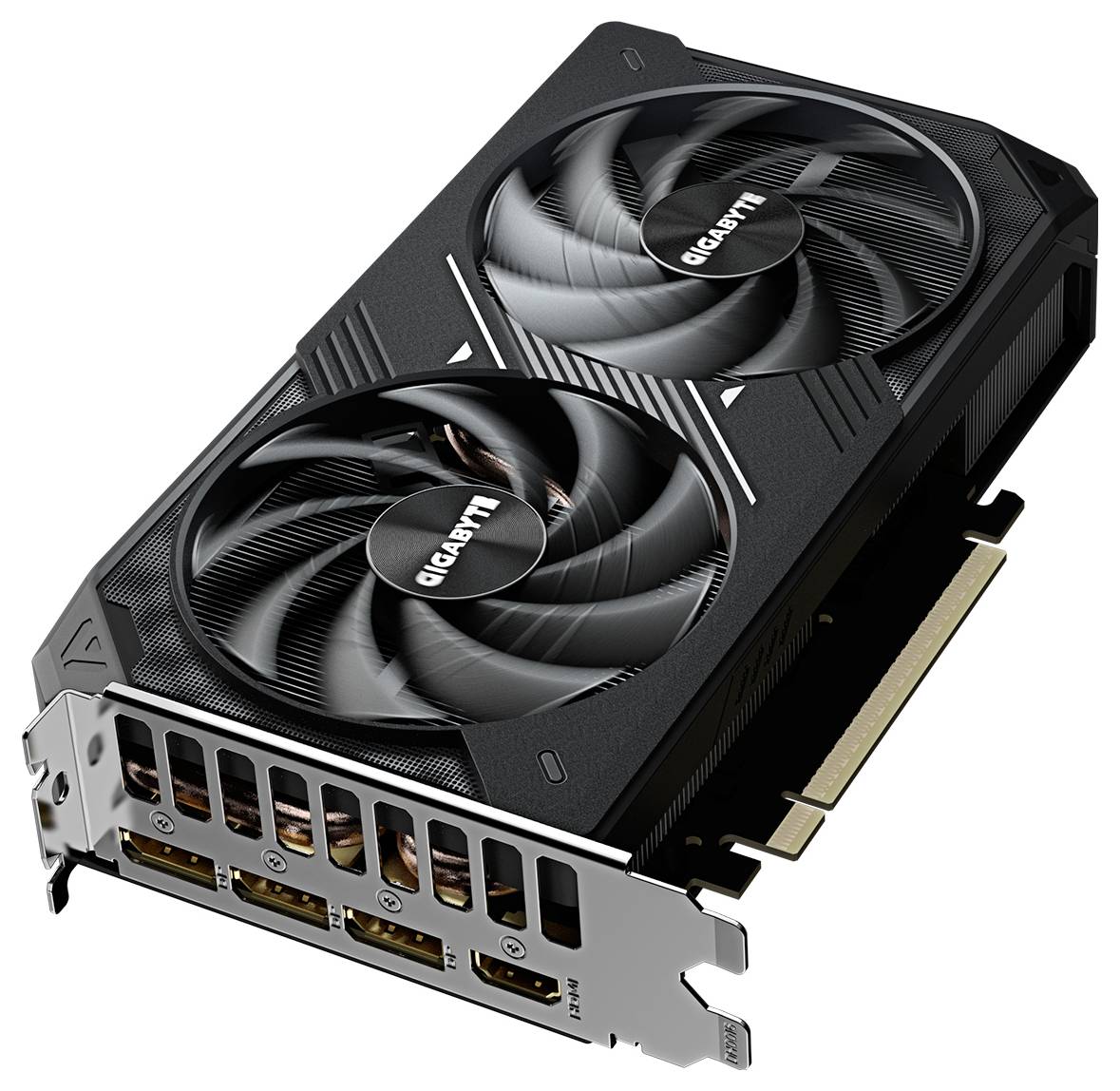 Grafická karta počítače se dvěma velkými chladicími ventilátory, označená 'GIGABYTE', navržená pro vylepšený herní a grafický výkon.