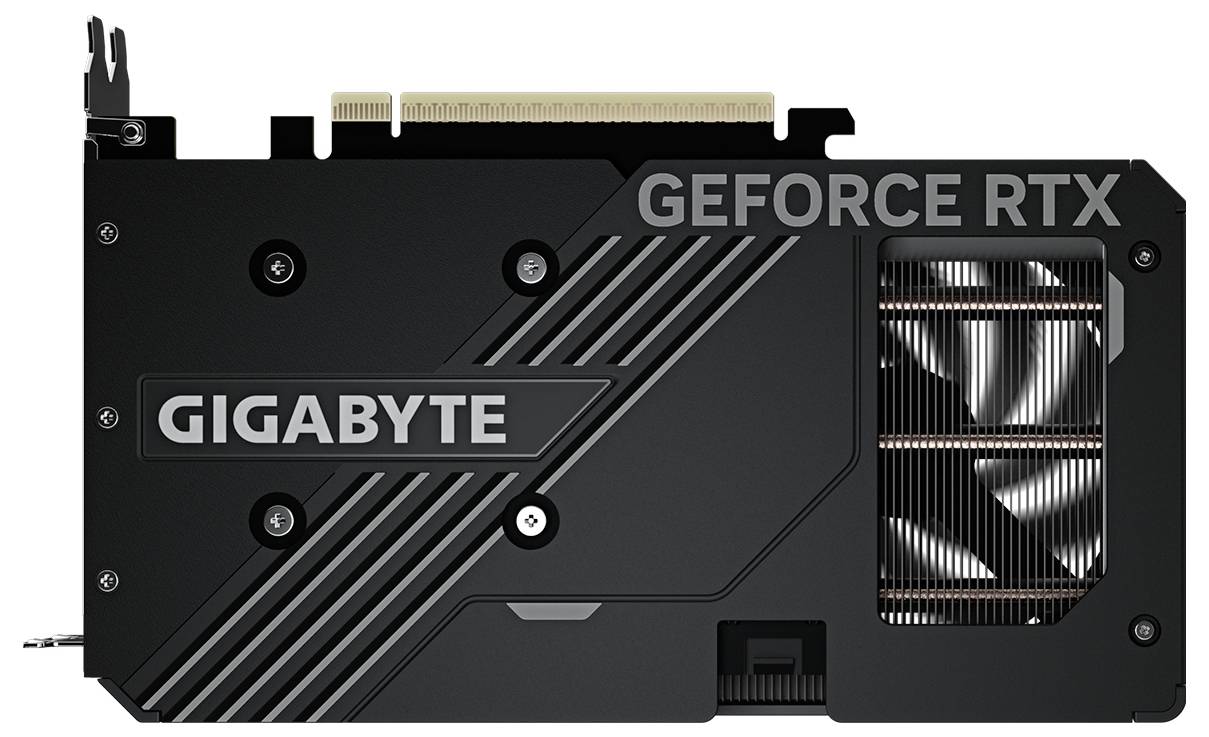 Grafická karta 'GIGABYTE GeForce RTX' s černým vnějším povrchem, která zobrazuje chladicí ventilátory a reklamní text na straně.