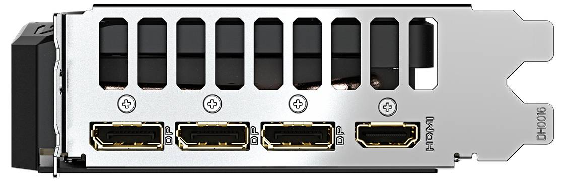 Zadní panel grafické karty se čtyřmi displeji, každý označený jako DP, pravděpodobně pro připojení několika monitorů k počítačovému systému.