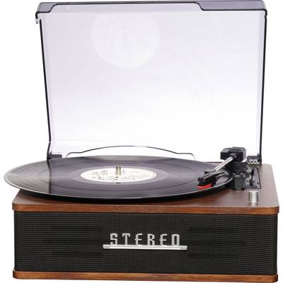 Retro gramofon s vinylovou deskou otáčející se pod průhledným prachovým krytem. Na předním panelu je nápis "Stereo".
