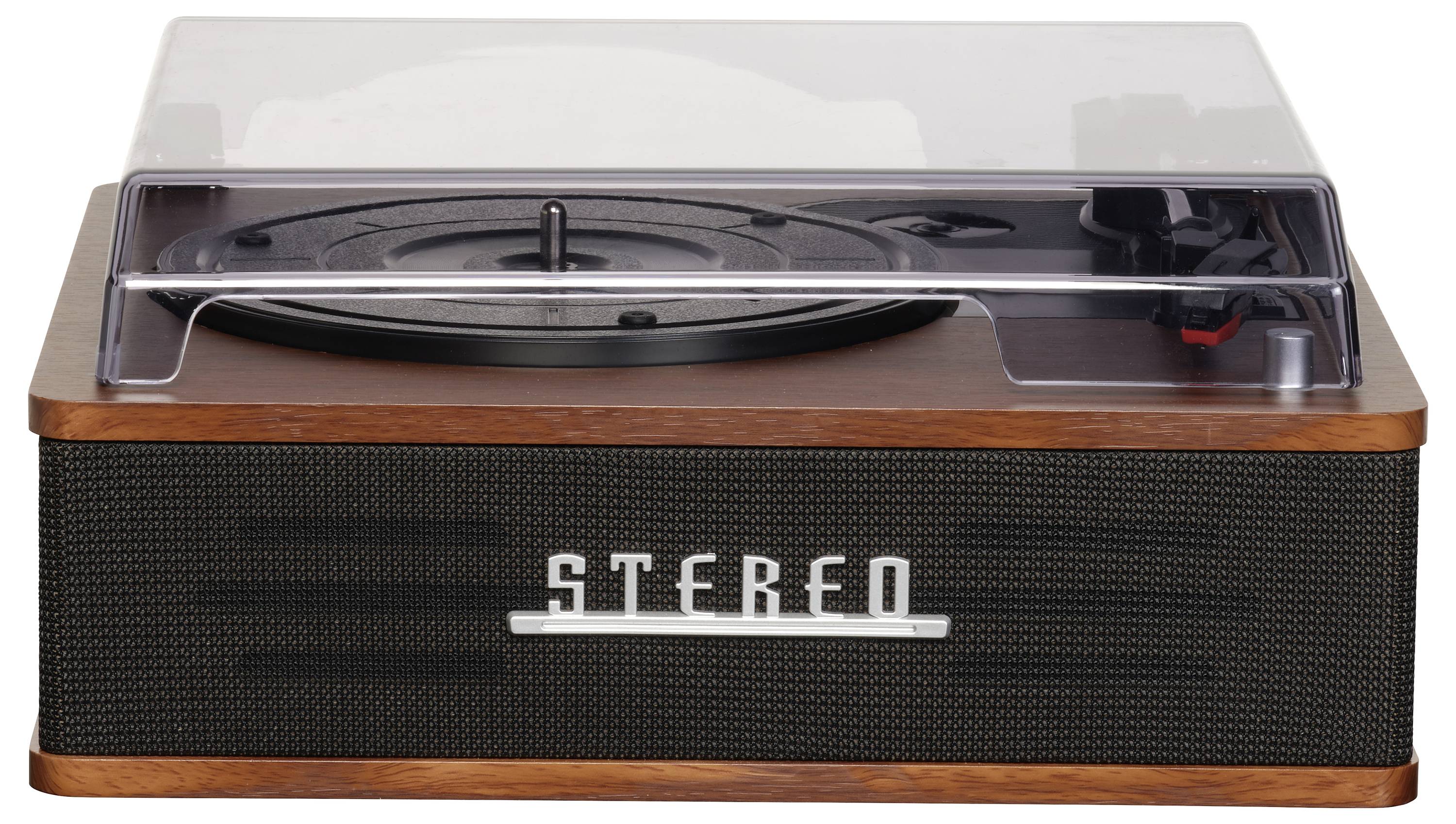 Retro gramofon s průhledným krytem, dřevěným povrchem a nápisem "STEREO" na přední straně, určený pro přehrávání vinylových desek.