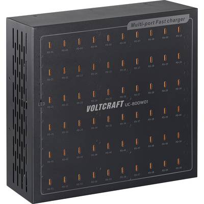 Voltcraft UC-800W01 víceportová rychlonabíječka s 64 individuálními sloty, značenými LED indikátory a černým obdélníkovým designem.