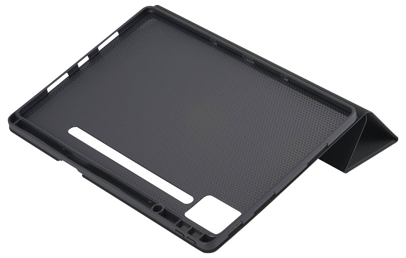 Černý tablet obal s překládacím krytem, který má výřezy pro fotoaparát, tlačítka a porty. Vnitřní strana obalu má strukturovaný vzor pro lepší úchop.