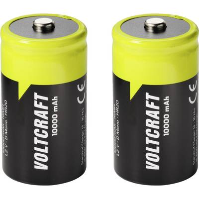 Dvě baterie Voltcraft vedle sebe, označené „10000 mAh" a „1,2V D Mono NiMH" se žlutými vrchlíky a černými těly.