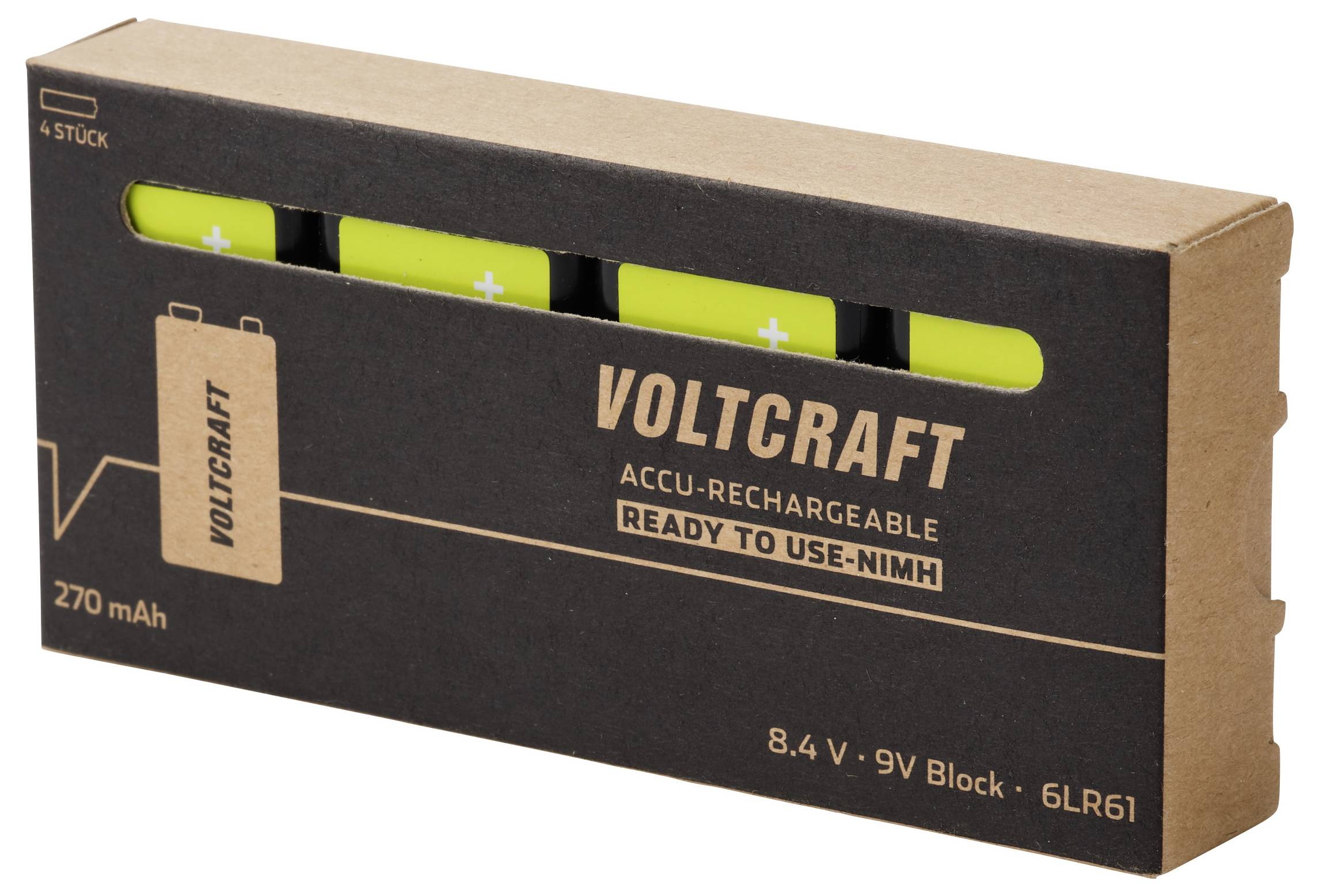 Sada čtyř nabíjecích baterií VOLTCRAFT NiMH 9V, 270 mAh, 8,4 V, připravené k použití.