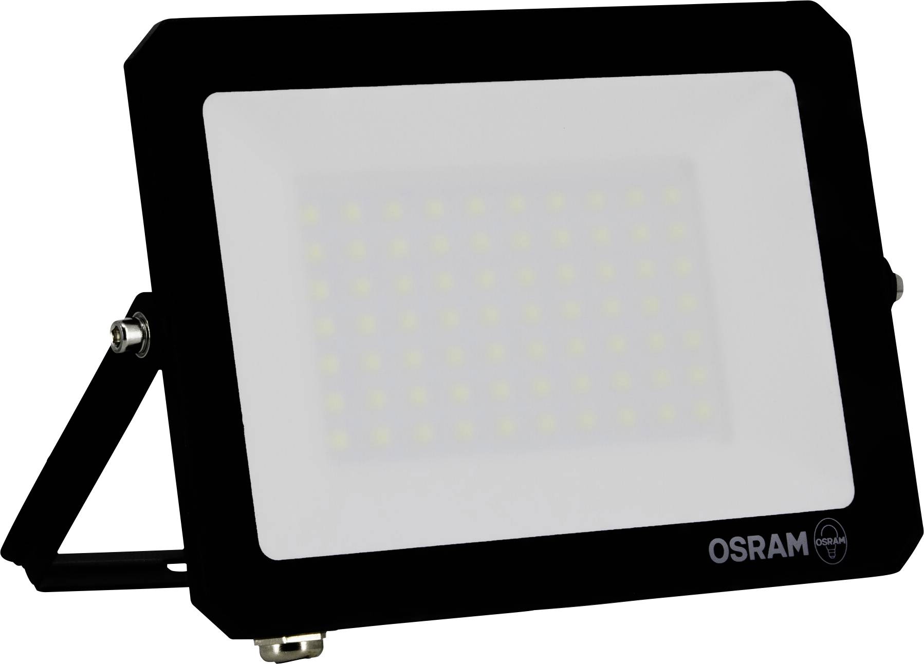 Černý LED reflektor s rámečkem, uvnitř s viditelnou řadou malých LED světel; v pravém dolním rohu rámu je vyznačena značka 'OSRAM'.