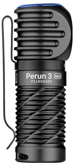 Černá taktická svítilna, model 'Perun 3 Mini', s texturovaným úchopem a sponou na straně.