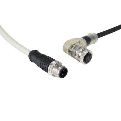 Kabel průmyslového konektoru z muže na ženu s kovovými a plastovými komponenty, s bezpečnými šroubovacími spoji na každém konci.
