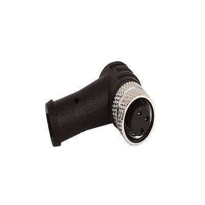 Pravoúhlý kovový tříkolíkový XLR konektor pro audio zařízení, s černým plastovým krytem a stříbrným kovovým povrchem.