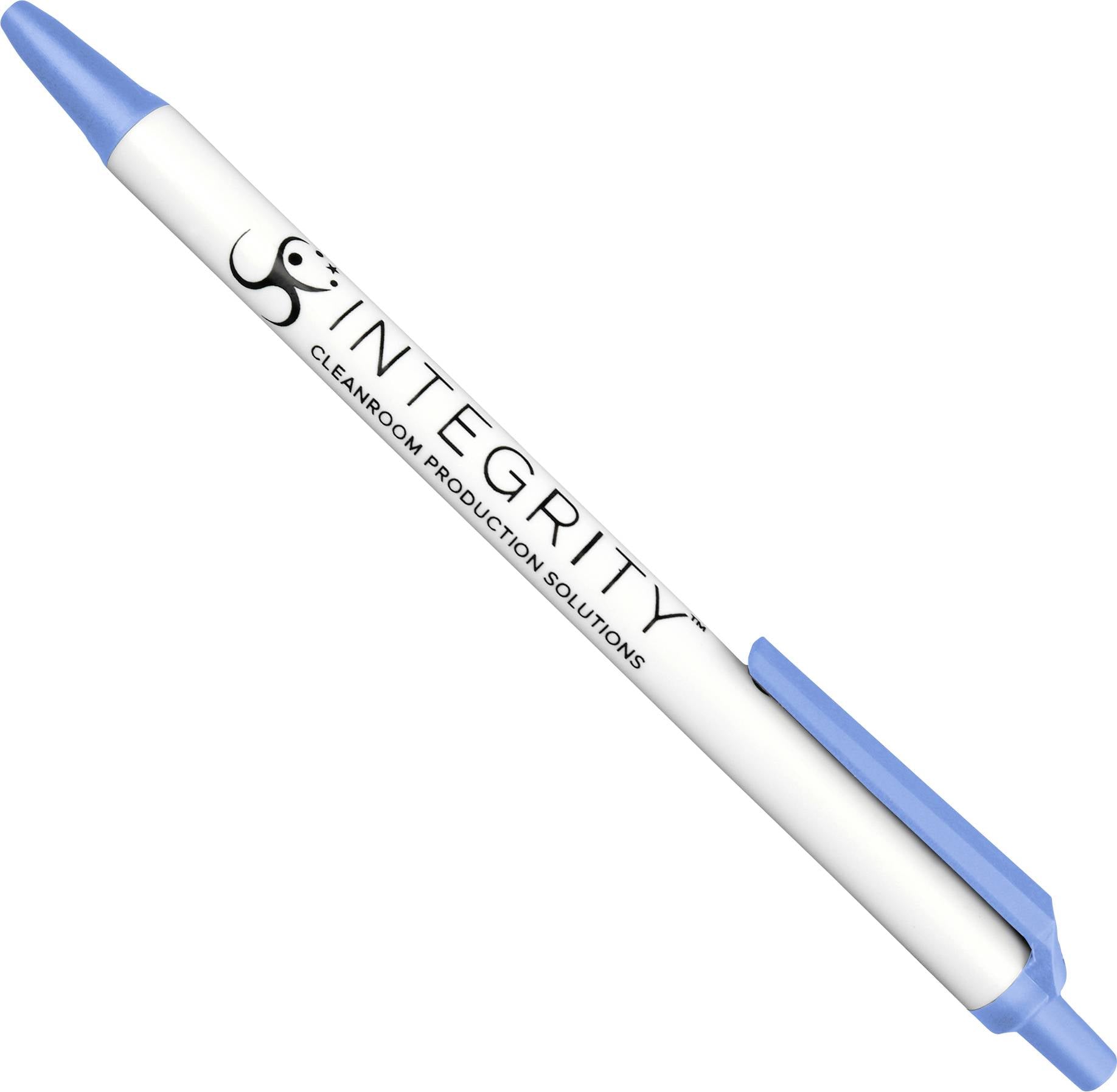 Modro-bílé kuličkové pero s nápisem 'INTEGRITY Cleanroom Production Solutions' a karikaturní logem čistého prostoru pracovníka.