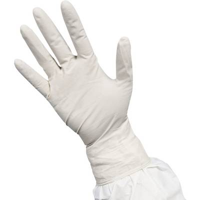 Levá ruka je oblečena v bílé latexové rukavici, zdvižená proti neutrálnímu pozadí, což naznačuje přípravu na lékařský nebo čistý úkon.