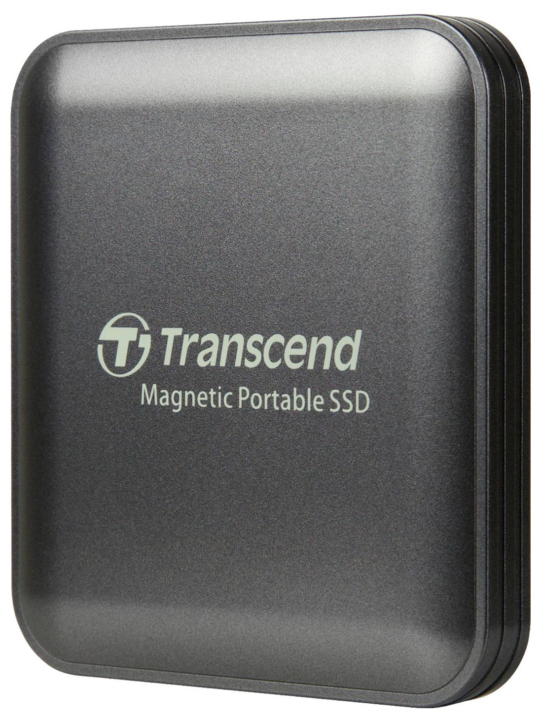 Transcend magnetický přenosný SSD s elegantním černým designem, vyznačující se kompaktním a odolným pouzdrem pro efektivní ukládání a přenos dat.