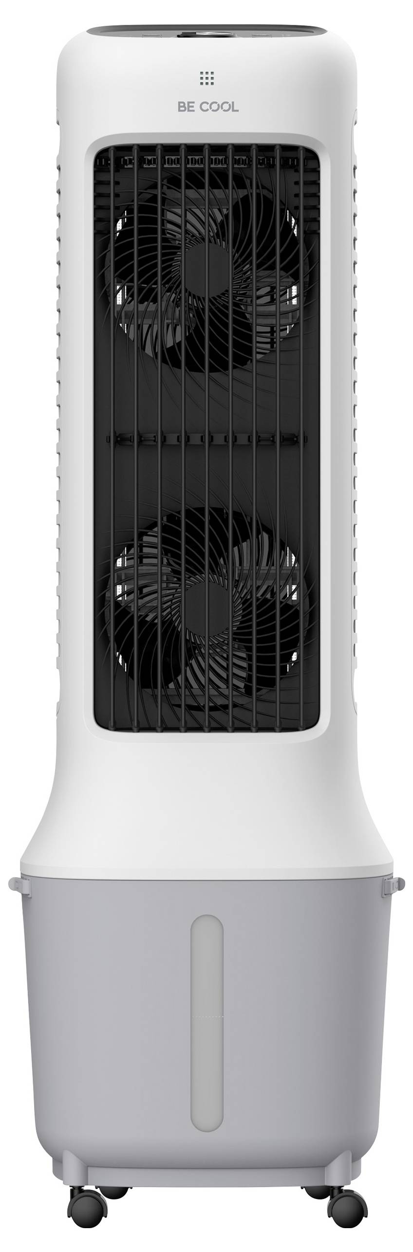 Bílý a šedý věžový ventilátor na kolečkách s logem "BE COOL" na vrcholu. Má dvě viditelné lopatky ventilátoru za přední mřížkou.
