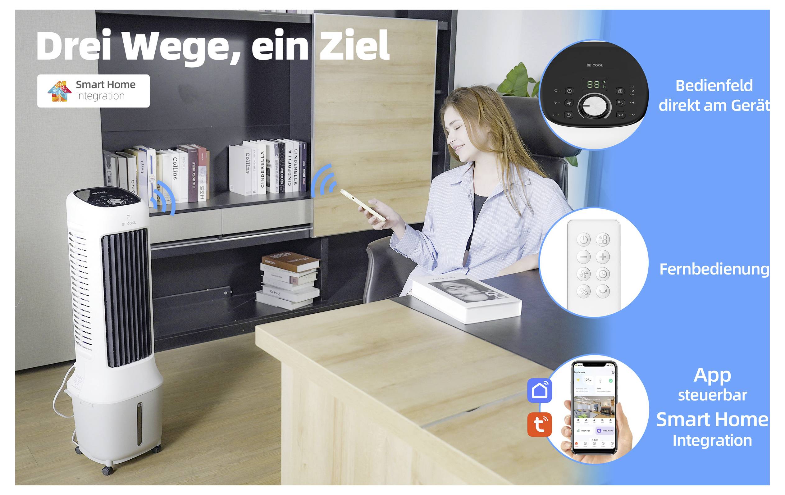 Žena používá aplikaci na chytrém telefonu k ovládání chladícího zařízení v inteligentním domě. Vložené obrázky zobrazují ovládací panel, dálkový ovladač a ikony integrace aplikace.
