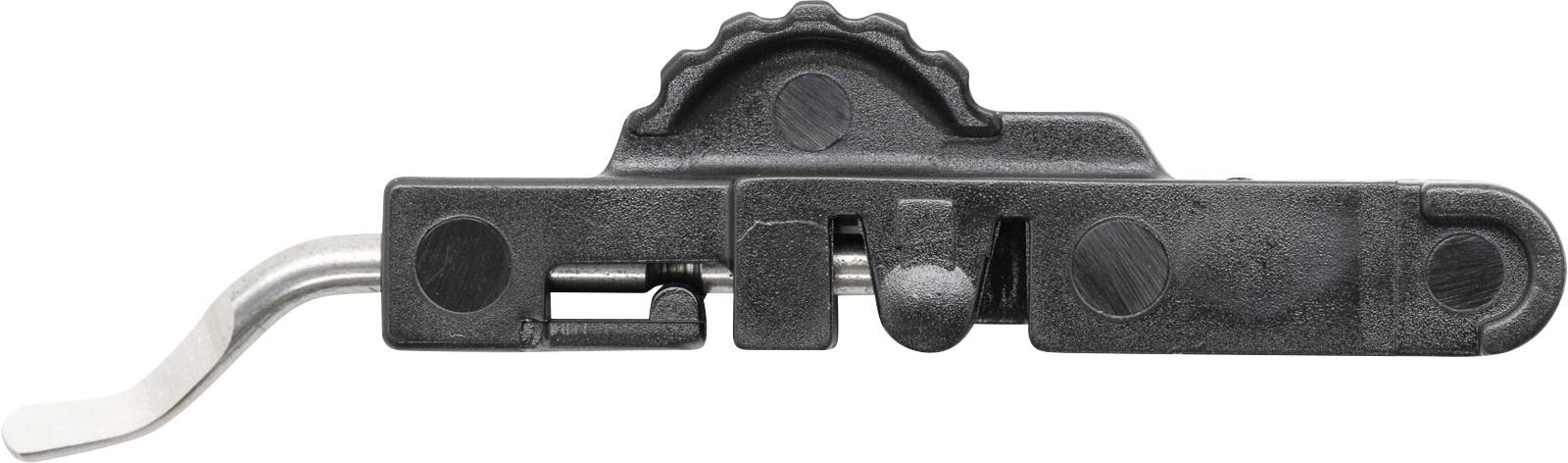 Černý zajišťovací mechanismus s ozubeným knoflíkem a stříbrnou pákou, navržený pro přesné zajištění, pohled z boku.