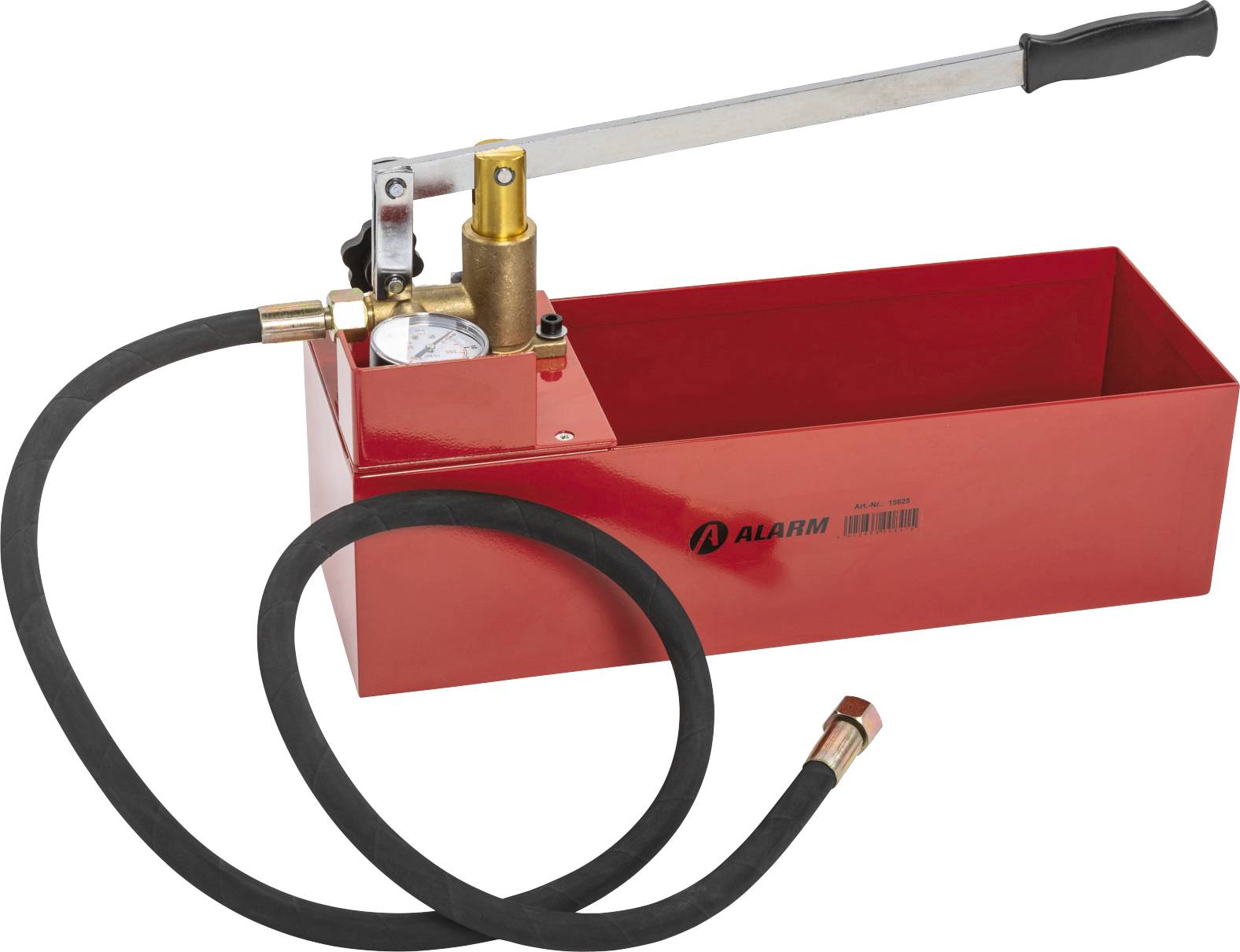 Manuální hydraulická tlaková zkušební pumpa s dlouhou rukojetí, tlakoměrem, připojená k hadici s tryskou a červenou obdélníkovou nádrží.