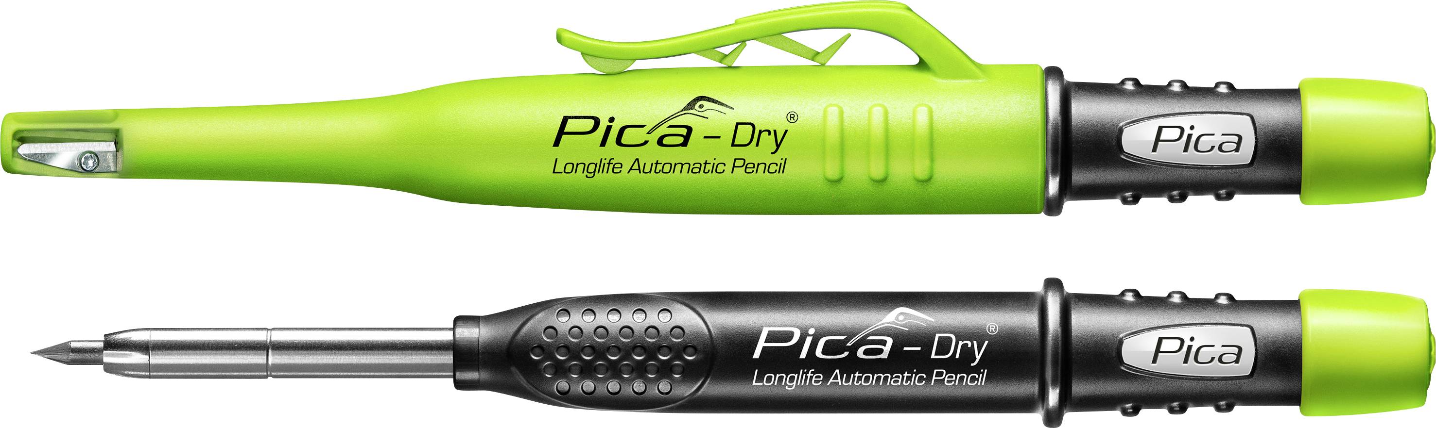 Dvě automatické tužky Pica-Dry longlife, jedna se zelenou čepičkou a jedna černá s prodlouženým hrotem vede, zobrazené vedle sebe.