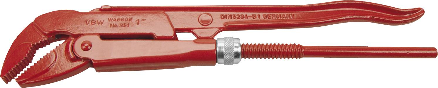Červený instalatérský klíč s nastavitelnými čelistmi, na jehož rukojeti je nápis 'Pipe Wrench' a 'Vyrobeno v Německu'. Vhodný pro uchopení potrubí.
