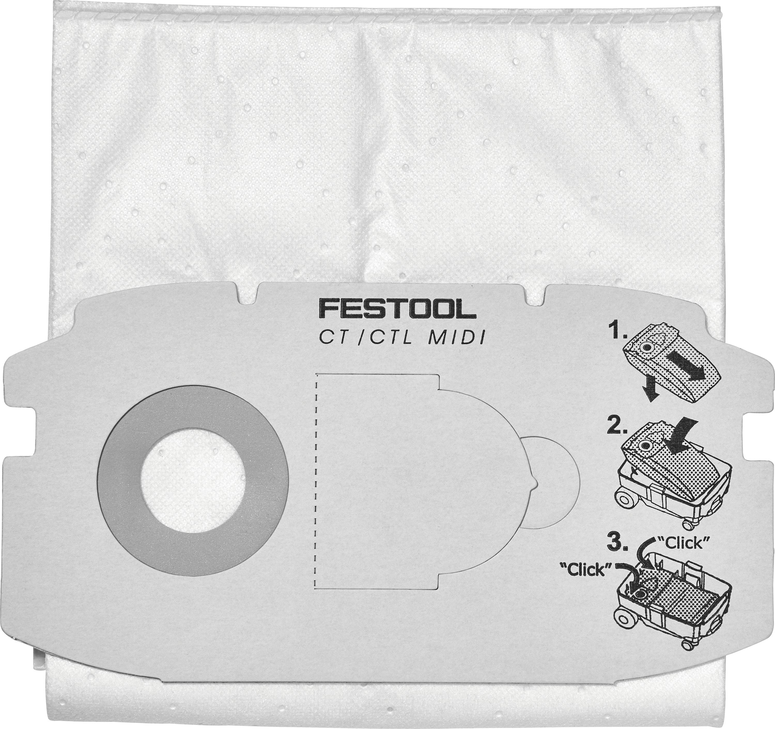 Vakuový sáček 'Festool CT/CTL MIDI' s ilustrovanými nálepkami s pokyny krok za krokem: posunout, zajistit a zacvaknout do polohy.