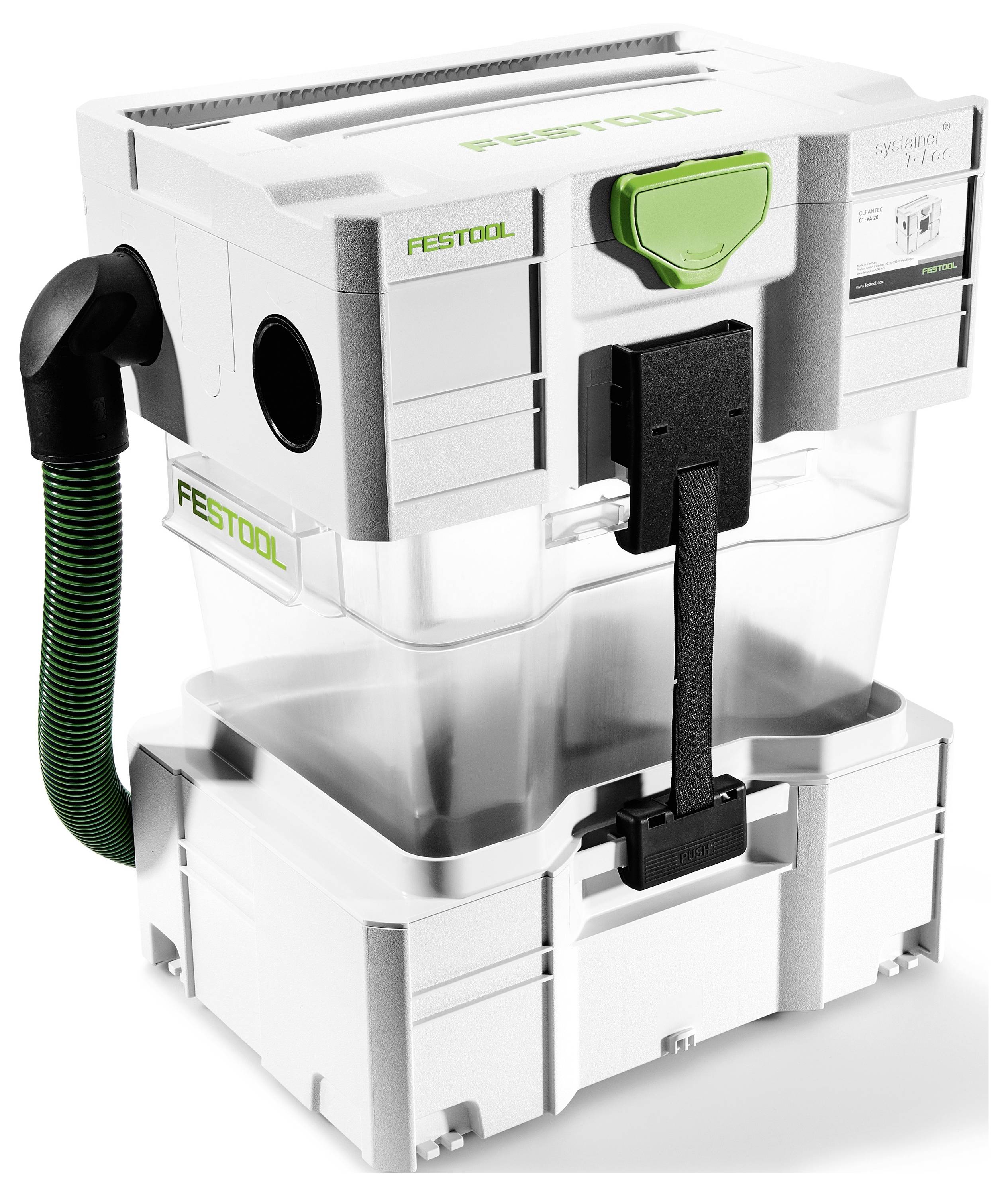 Vysavač 'Festool' s modulárním designem, vybavený průhledným sběrným kontejnerem a zelenými akcenty, určený pro sběr prachu při truhlářských pracích.