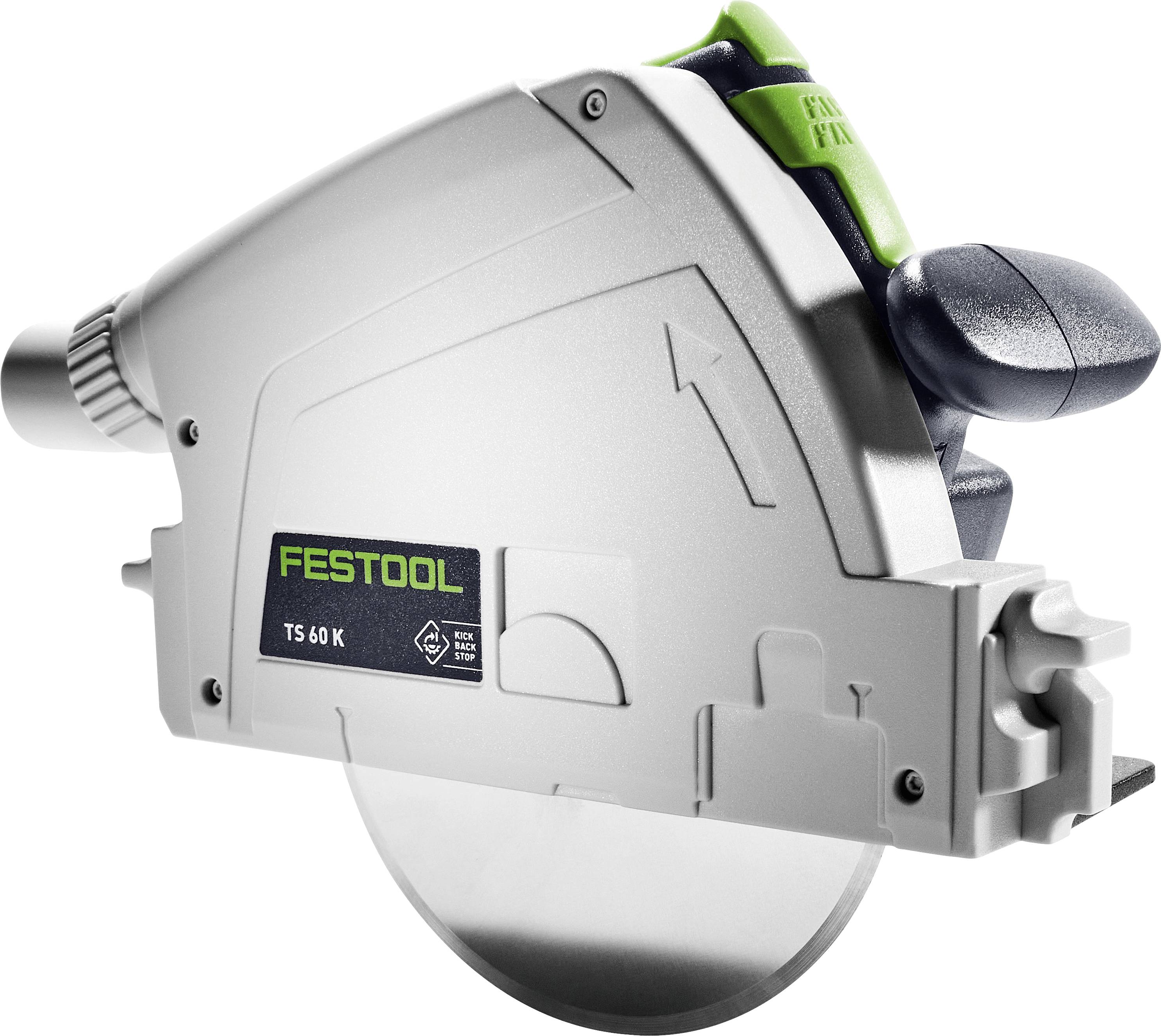 Stříbrná kotoučová pila Festool TS 60 K s viditelným kotoučem. Nástroj je vybaven ergonomickými rukojeti a štítkem technologie 'Kickback Stop'.
