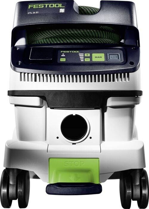 Vysavač označený 'FESTOOL CTL 26 E' se zelenými akcenty, úložištěm hadice v horní části, ovládacím panelem a kolečky pro snadnou mobilitu.