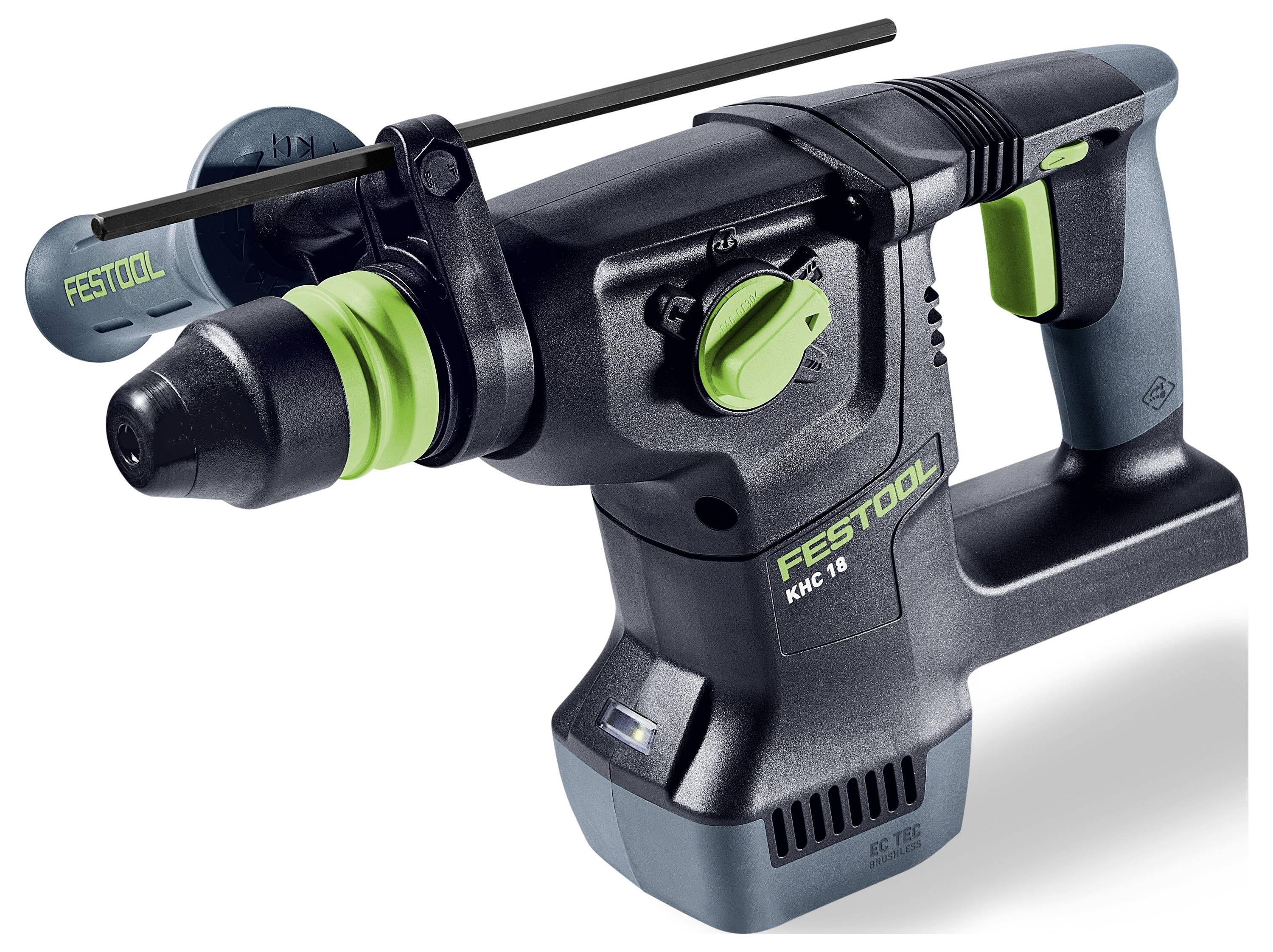 Černozelený elektrický nástroj značky Festool KHC 18 s rukojetí a připojeným vrtacím nástavcem, určený pro stavební nebo opravárenské práce.