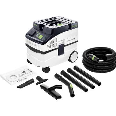 Bílý a černý průmyslový vysavač Festool CT MIDI s různými nástavci, hadicí a prachovým sáčkem, určený pro průmyslové úklidové práce.