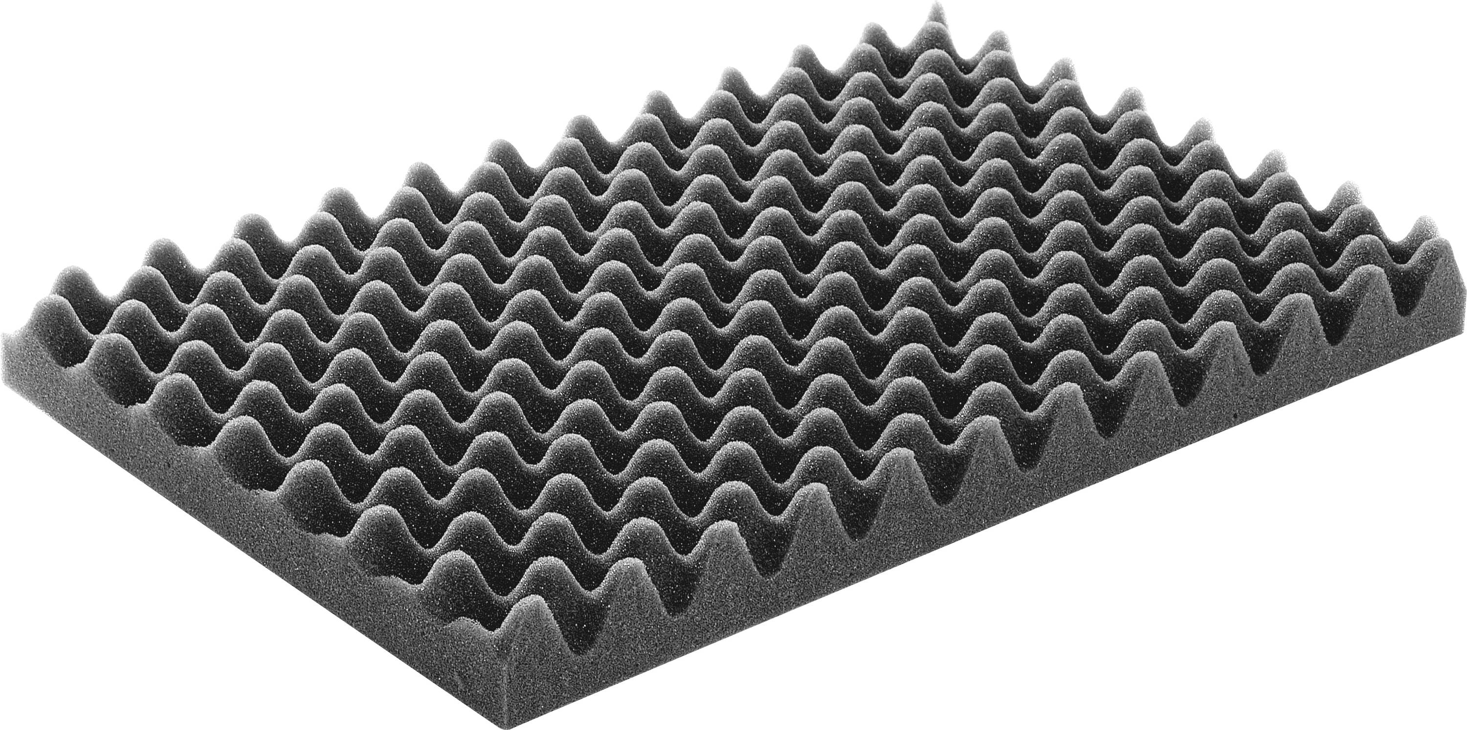 Šedý akustický pěnový panel s vlnitým, zvlněným povrchem určený pro absorpci zvuku.