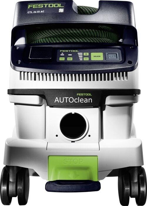 Vysavač Festool CTL 26 E AC s funkcí AUTOClean, zobrazující ovládací panel a kola, navržený pro efektivní odstraňování prachu.