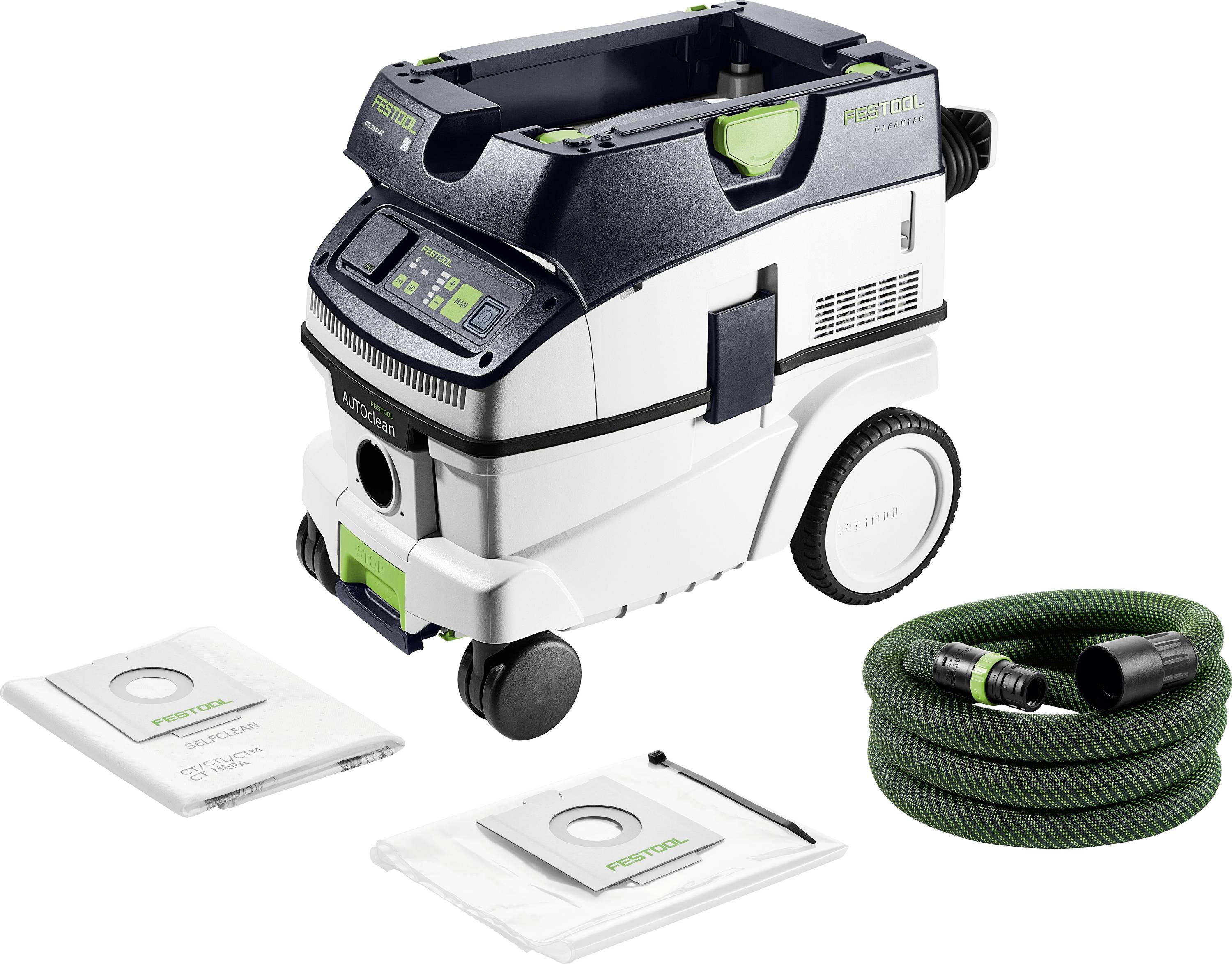 Kompaktní vysavač na kolečkách s digitálním displejem. Příslušenství zahrnuje zelenou hadici a dva vysavačové sáčky značky Festool.