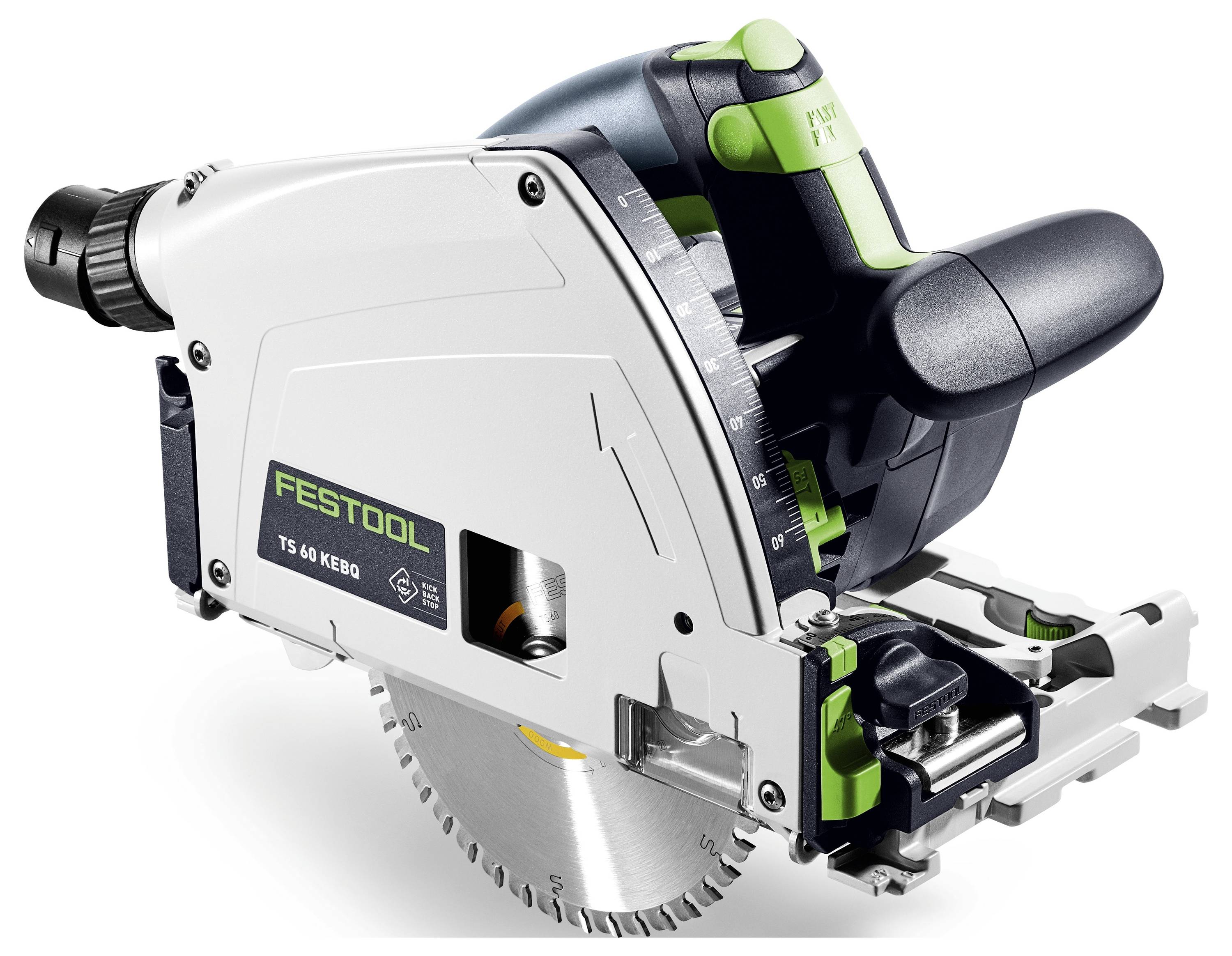 Pila Festool TS 60 KEBQ s kolejnicovou vodicí lištou, vybavená kulatým stříbrným kotoučem, ergonomickými rukojeti a konstrukčními prvky zaměřenými na přesné řezání.