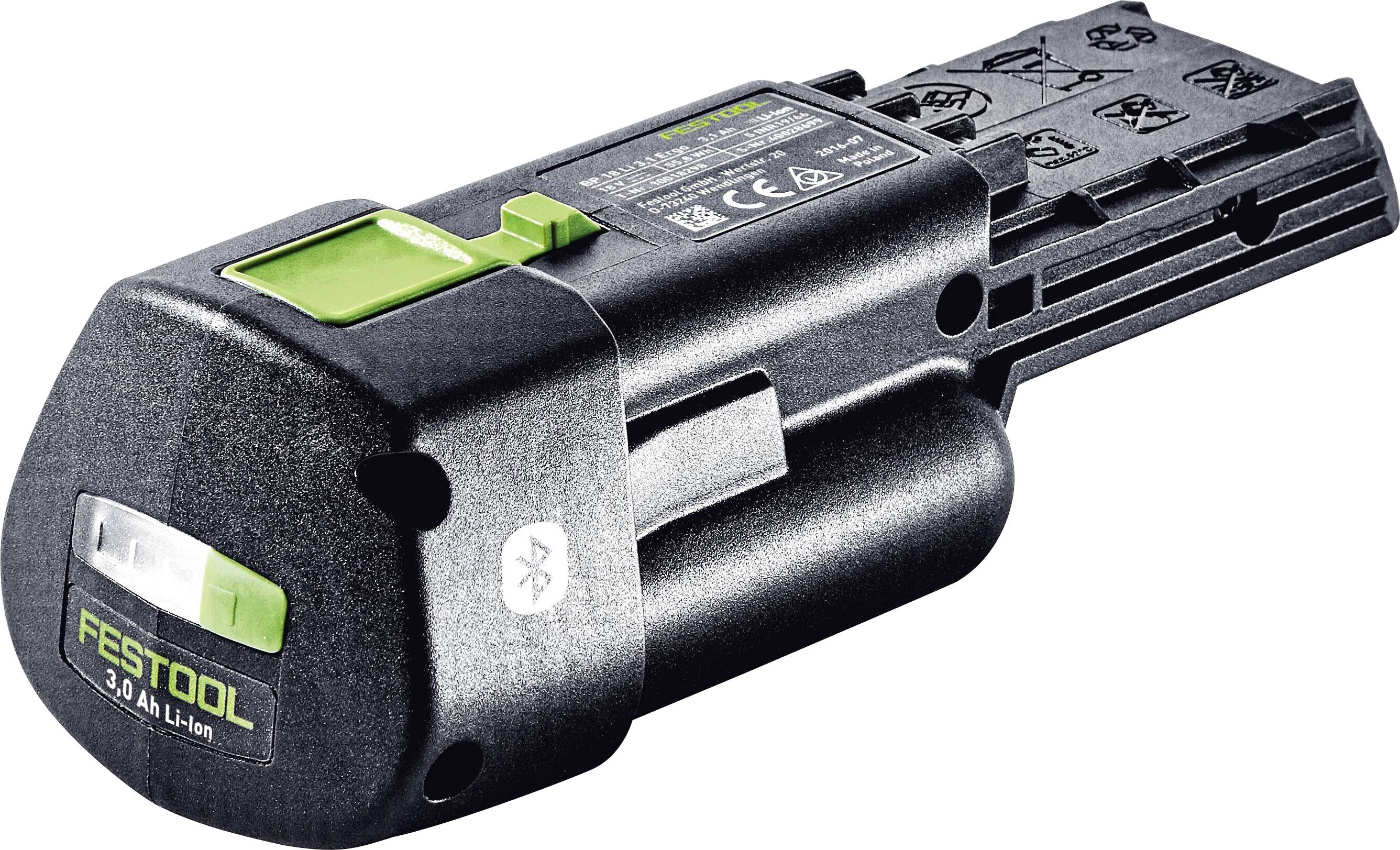 Černý a zelený lithium-iontový akumulátor značky Festool s viditelným štítkem a specifikacemi, určený pro elektrické nářadí.