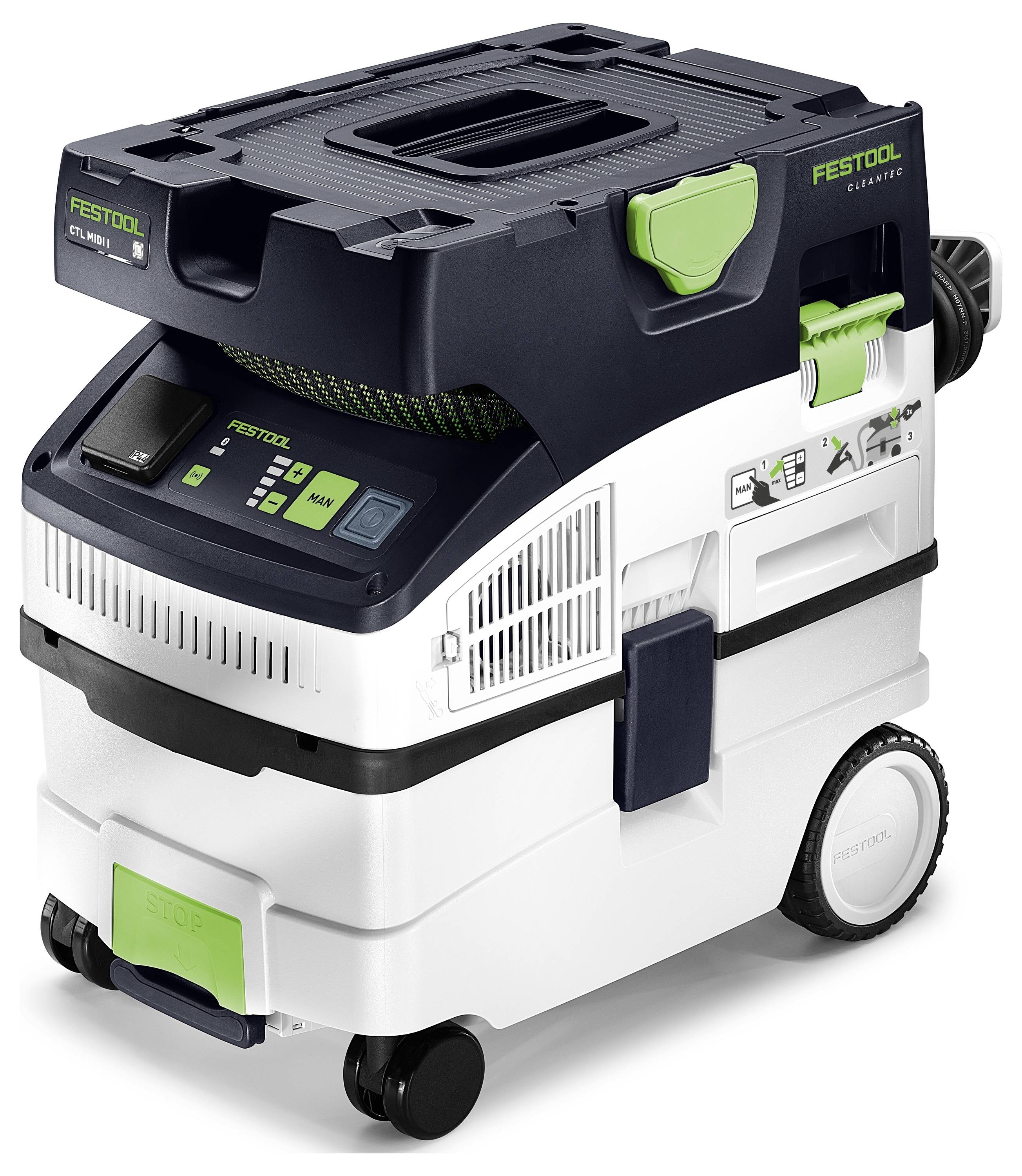 Extraktor prachu Festool CT MIDI I s kompaktním designem, filtrem HEPA a ovládacím panelem přímo na přístroji. Ideální pro úklid a použití v dílně.