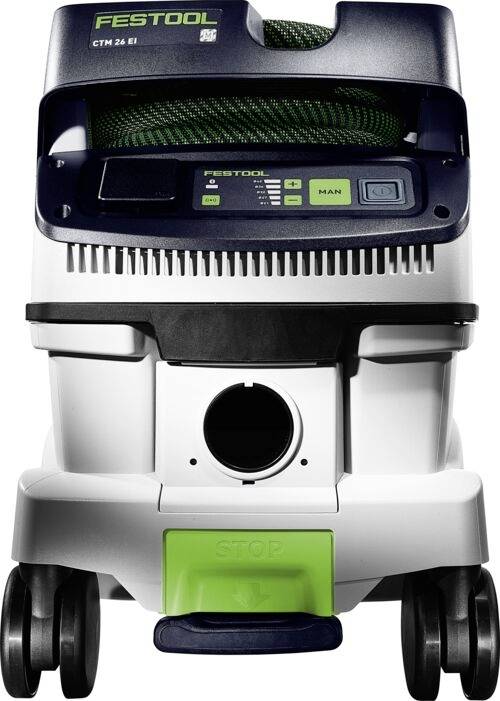 Vysavač Festool CTM 26 E s ovládacím panelem, úložištěm hadice a kolečkovou základnou pro snadnou mobilitu. Navržen pro odsávání prachu.