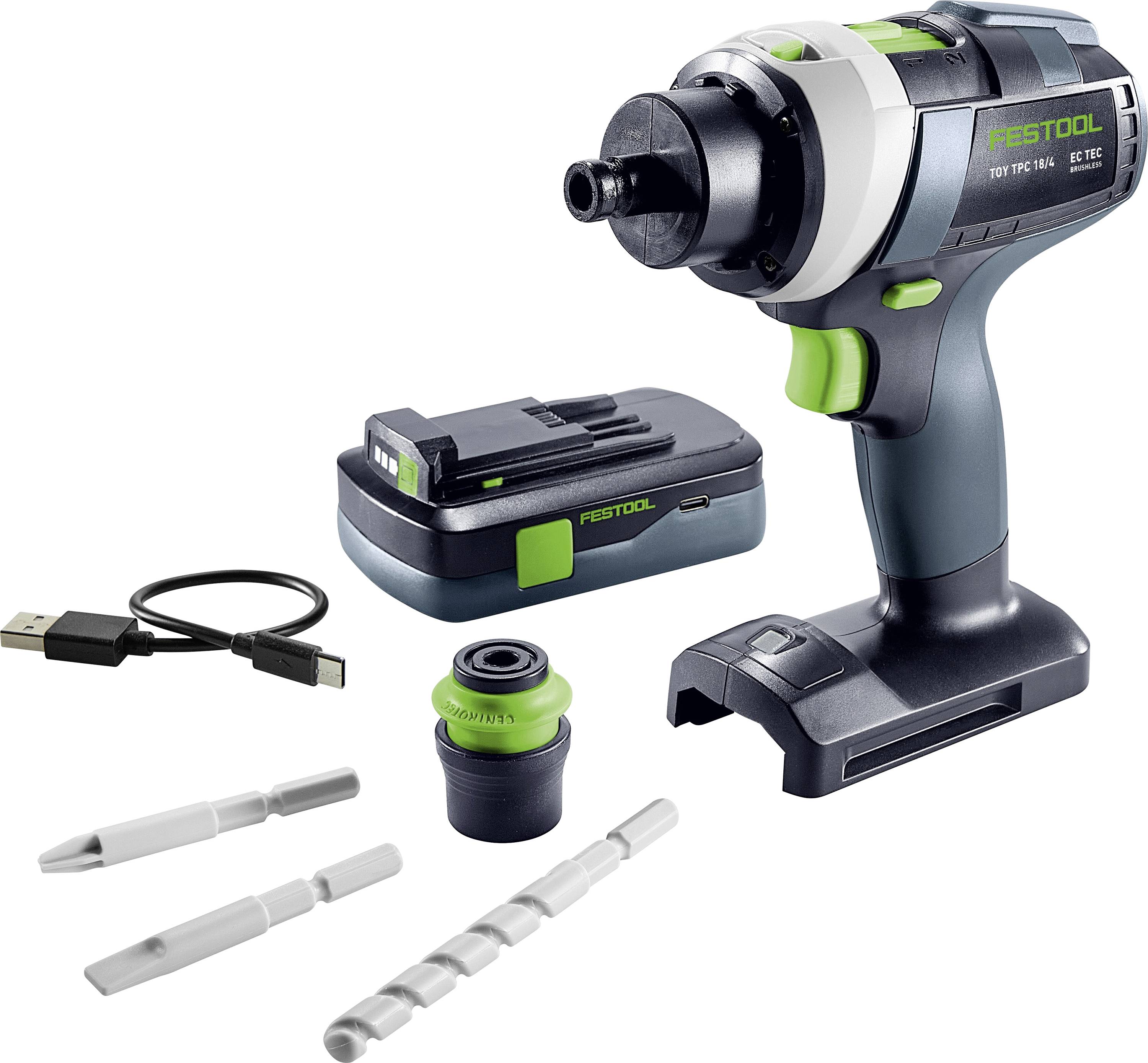 Bezdrátová sada vrtačky s nabíjecí základnou, USB kabelem a několika vrtáky. Na vrtačce a nabíječce je viditelné logo značky 'Festool'.
